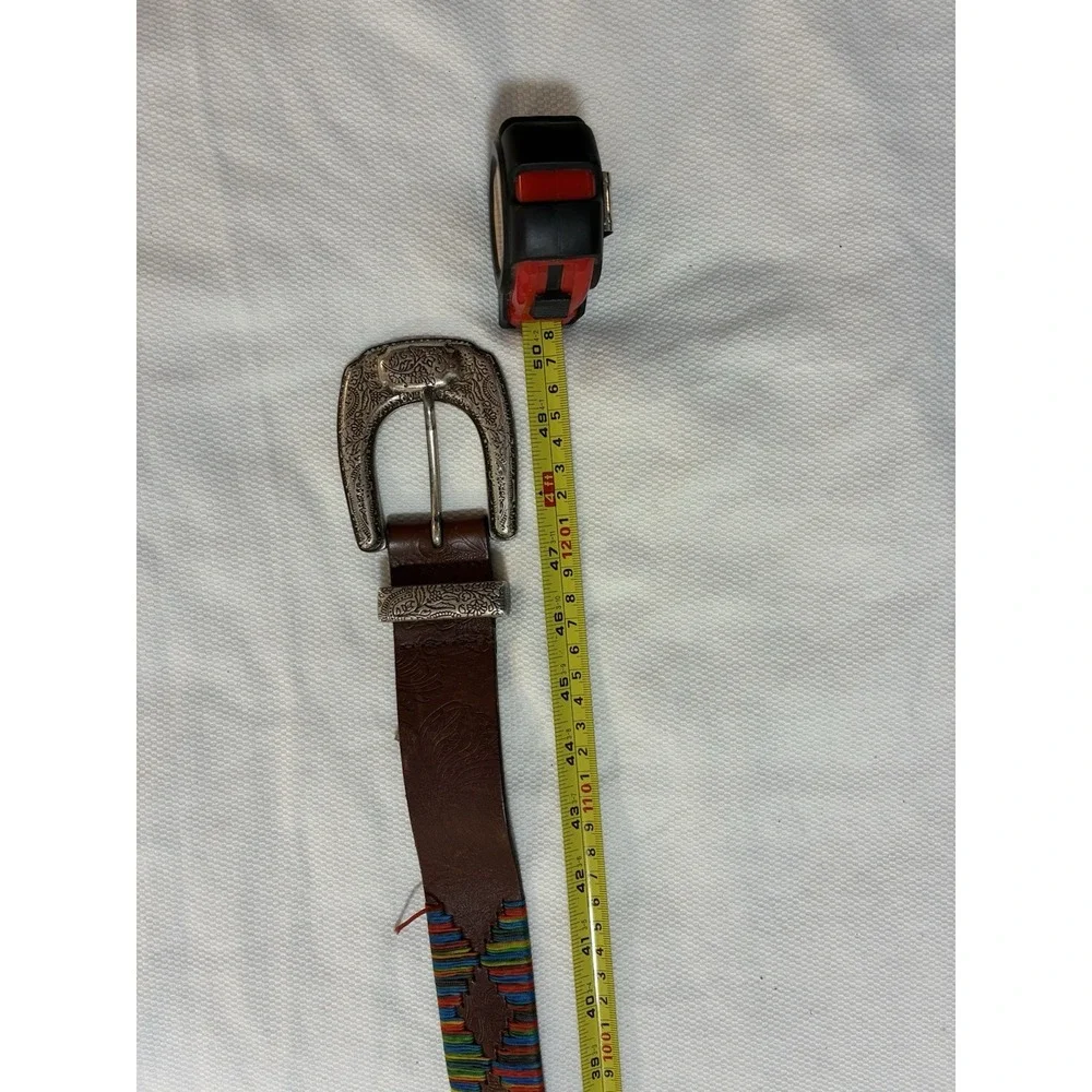 Robert Graham Brown Leather Belt Sz 44/46 KWT Paisley‎ Buckle Multicolor Stitch